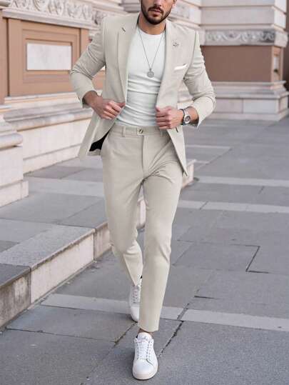 Calvornis Traje casual de negocios para hombre de 2 piezas, conjunto de traje de unicolor con chaqueta y pantalones, traje de boda y fiesta de moda casual simple para uso diario, adecuado para el Día de San Valentín, aniversario y otras ocasiones. Es un gran regalo para tu novio o esposo.