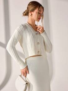 CLARA VERO Chunky Textured Knit V-Neck Button-Up Cardigan With Ribbed Hem And Cuffs In Cream White,Cardigans For Women,Long Cardigans Woman,Petite Cardigans,Cardigans - Apricot - View 4