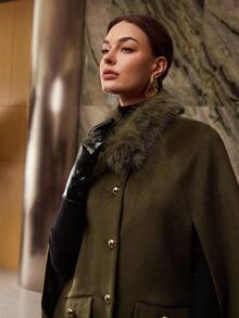 MOTF PREMIUM CONTRAST FAUX FUR BUTTON UP OVERCOAT - Olive Green - View 6