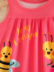 SHEIN 女宝宝可爱蜜蜂动物元素无袖连衣裙，春夏时尚新款 - 玫紅色 - 查看 7