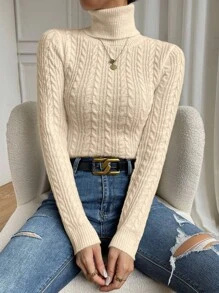 SHEIN Raffinéa Casual Solid Color Turtleneck Slim Fit Sweater, Autumn/Winter Knit Pullover Fall - Apricot - View 5