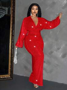 Maweii Đầm maxi dự tiệc cỡ lớn dành cho nữ, gợi cảm, cổ chữ V sâu, tay phồng, đính sequin, màu đỏ. - Đỏ - Xem 5