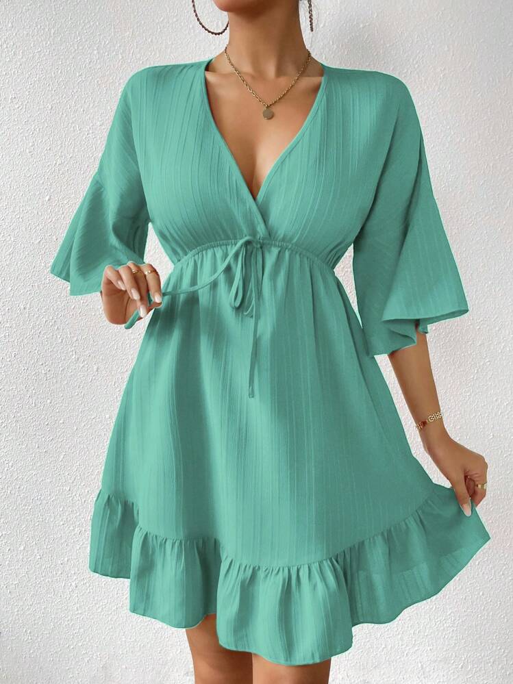 Chiquease Women's Solid Color Bell Sleeve Dress With Ruffle Hem And Cinched  Waist For New Year Clothes Casual Outfits Spring Clothes For University |  SHEIN