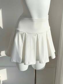 Comfortcana Casual Versatile Solid Color Sports Mini Pleated Skirt - White - View 4