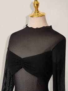SHEIN ICON Mesh Patchwork Sheer Ruched Long Sleeve Mini Dress Black Sheer Dress - Black - View 5
