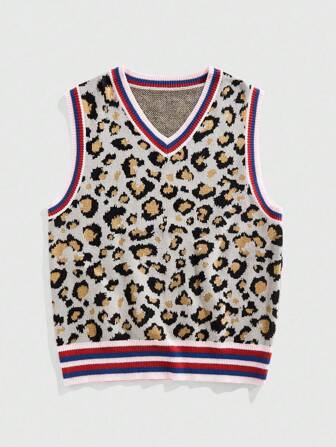 Street Life Gilet tricoté à col en V pour hommes avec bordure colorée et imprimé léopard