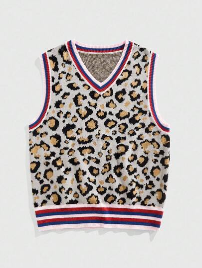 Street Life Vestito a maglia con scollo a V, bordo colorato e motivo a leopardo per uomo