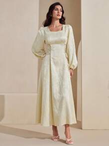Graceveil Vestido amarillo claro con cuello cuadrado, tela de jacquard texturizada, cintura ceñida y falda acampanada para mujeres, ropa de otoño para mujeres - Butter Yellow - Ver 4