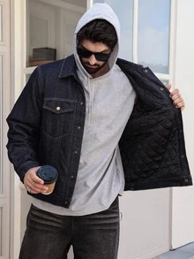 DAZY 厚牛仔面料冬季保暖海军蓝男式夹棉外套 - 寶藍色 - 查看 6