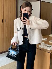 SHEIN 少女撞色纽扣前泰迪羊毛夹克 少女衬衫 夏尔巴夹克 泰迪夹克 短款夹克 圈圈呢夹克 仿皮草夹克 秋冬毛绒夹克 - 杏色 - 查看 5