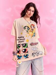 THE POWERPUFF GIRLS X SHEIN 女士休闲花朵、泡泡、毛茛图案圆领短袖 T 恤，夏季 - 米色 - 查看 7