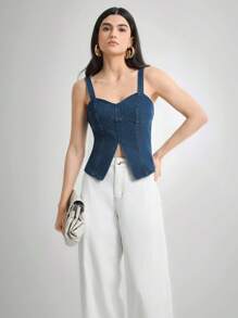 Daynim 女士休闲开衩肩带牛仔吊带背心 - 中等水洗藍 - 查看 5