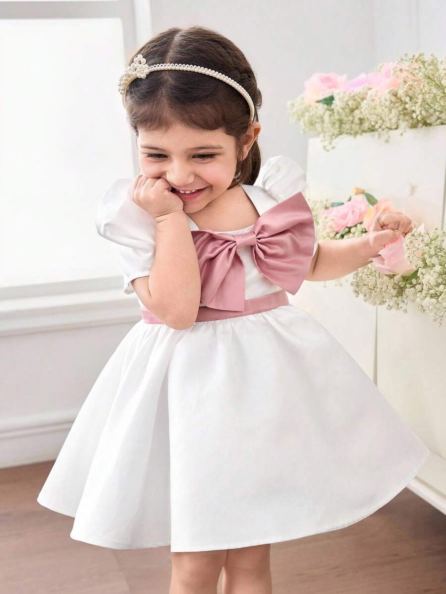 Elegant & Cute Babygirl Satin Bow Decor White Short Sleeve Dress Baby Girl Bow Dress Baby Girl White Dress Baby Girl Dress With Sash Baby Girl Puff Sleeve Dress Baby Girl Elegant Dress