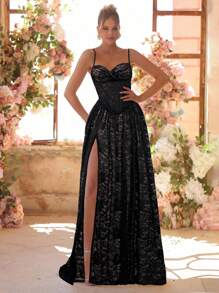 Glamrae Elegant Sequins Lace Spaghetti Strap Y-Neck Ruched Sexy Slit Maxi Dress, Suitable For Wedding, Bridal Gown In White - Black - View 5