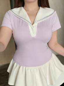 Dazy Plus 海军蓝领弹性针织修身短袖大码女式 T 恤 - 淺灰紫 - 查看 4