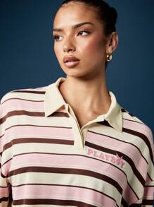 Missguided x Playboy Áo crop top polo tay dài kẻ sọc phong cách retro, cổ bẻ, mặc nhà thường ngày, thời trang đường phố, thích hợp mặc khi chơi bóng bầu dục - Nhiều màu - Xem 4