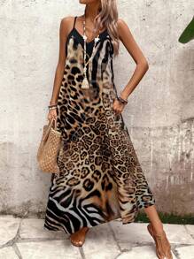 EMERY ROSE Women Leopard Print Sleeveless Dress, Casual Vacation Dress Maxi Vacation Beach Outfit - Brown - View 6