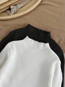 SHEIN LMoss Kids LMoss 多件装女婴高领长袖修身套头衫 - 黑與白 - 查看 6