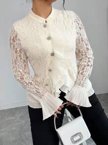 SHEIN Clasi Plus Size Women's Fashion Casual Lace Ruffle Flare Sleeve T-Shirt Fall Cloth For Women - Apricot - View 3