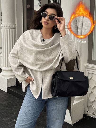 Easura 秋季大码女式时尚纯色翻领保暖羊毛大衣