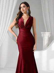 Coutiva Sexy Deep V Elastic High Waist Asymmetric Ruched Fishtail Evening Gown, Suitable For Weddings, Events, Parties, Honeymoons, Bridesmaid Dresses - Burgundy - View 8