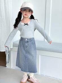 Dazy Kids 年轻女孩休闲水洗牛仔磨边迷你裙