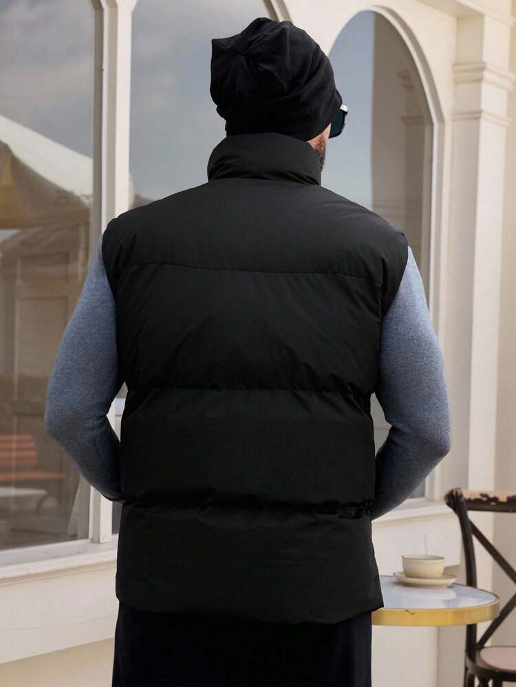 Men's Solid Color Thermal Thickened Black High Collar Vest Jacket, Winter