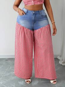 Slaydiva Quần jean ống rộng kẻ caro vá lỗi cho nữ cỡ lớn - Nhiều màu - Xem 3