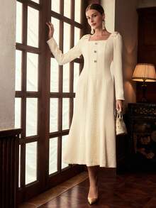 ZEYLAH Đầm dài tay eo đuôi cá cổ vuông xếp nếp nơ - Màu be - Xem 4