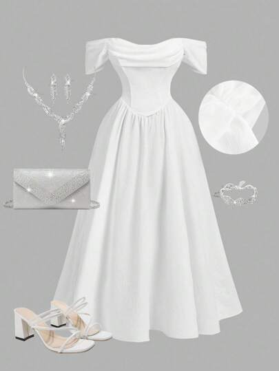 SHEIN MOD 大码露肩米色褶饰连衣裙，优雅适合各种场合