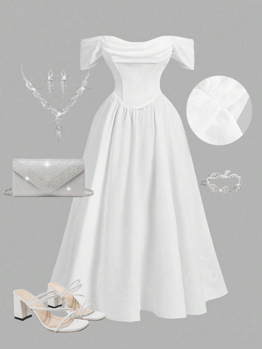 SHEIN MOD 大码露肩米色褶饰连衣裙，优雅适合各种场合 - 白色 - 查看 1