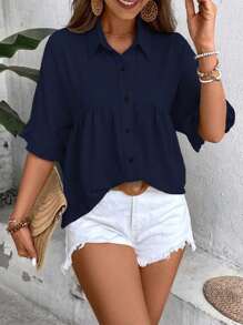 Breezaya 女士休闲宽松纯色百搭衬衫，舒适简约，适合夏季 - 藏蓝色 - 查看 6