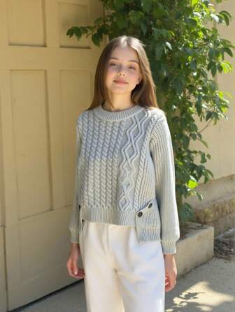 SHEIN Young Girl And Young Girl Sweater, Elegant & Cute Cable Knit Asymmetric Hem Button Trim Pullover, Soft High-Quality Casual Versatile Sweater Suitable For School, Outings, Autumn/Winter
