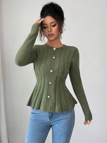 Elenzga 秋冬麻花绳橄榄绿长袖优雅套头衫 - 軍綠色 - 查看 5