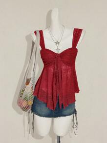 Sweetina 2025 Nuevo verano dulce vacaciones fiesta de regreso a la escuela temporada mujer unicolor transparente dobladillo camiseta - Burdeos - Ver 5