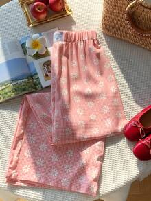 Comfortcana 度假休闲格纹碎花阔腿裤 - 粉色 - 查看 4