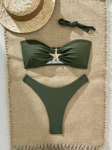 Swim Vcay Bộ bikini gợi cảm màu trơn họa tiết sao biển dây mảnh dành cho nữ, mùa hè - xanh quân đội - Xem 3