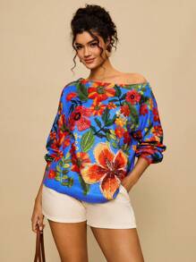 SHEIN VCAY Plus Size Casual Floral Print Off Shoulder Sweater Autumn Winter Clothes For Women - Multicolor - View 6