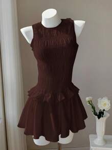 SHEIN EZwear 棕色亚麻荷叶边下摆休闲度假迷你连衣裙 - 棕色 - 查看 4