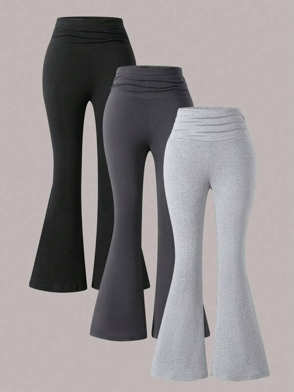 Sweetra Young 3pcs/Set Girls Plus Size Casual All-Match Versatile Yoga Sports Jersey Style High Waist Wide Waist Fitted Flare Pants