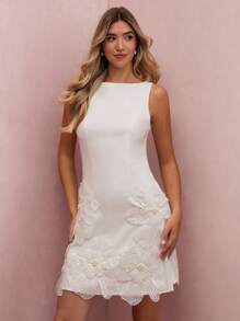 Enchnt Fall/Winter Romantic Women's White 3D Embroidered Faux Pearl Flowers Decor Sleeveless Cute Mini Dress,Sweet&Elegant For Vacation&Date&Holiday&Birthday&Party&Graduation&Wedding Guest&Office&Going Out,Prom Dress,Autumn Dresses For Women,Fall Clothes,Autumn Outfits For Women,Back To School