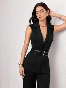 Modelyn 女士两件套：无袖束腰上衣和阔腿裤 - 黑色 - 查看 9