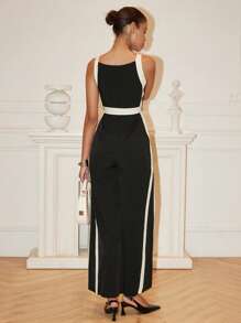 Islaluna 春季女式时尚性感优雅黑白拼接连体裤 - 黑色 - 查看 2