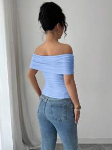 Elenzga Women's Floral 3D Decor Ruched Off Shoulder Asymmetric Hem Fitted T-Shirt - Blue - View 2