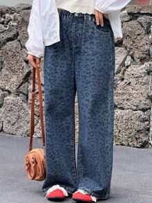 DAZY 女童豹纹牛仔裤 - 藍色 - 查看 7