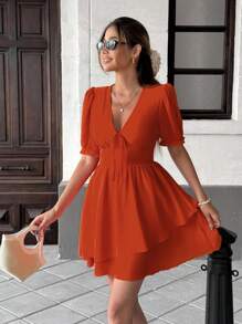 Franclia 夏季休闲纯色泡泡袖连衣裙，夏季连衣裙，学院风校服 - 橘色 - 查看 5