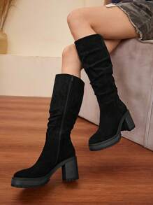 Daringsoles Giày bốt cao đến đầu gối đế dày có khóa kéo bên hông thời trang dành cho nữ, phù hợp để mang hàng ngày - màu đen - Xem 9