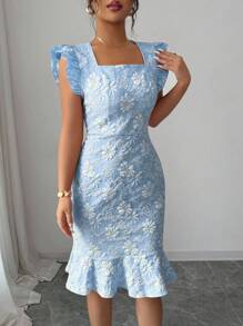 Elenzga Women's Elegant Jacquard Crew Neck Ruffle Armhole Flounce Hem Fitted Knee-Length Dress, Suitable For Commuting In Summer - Blue - View 6