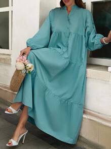 Vestido casual de manga larga con cuello calado y dobladillo con volantes de unicolor - verde menta - Ver 6