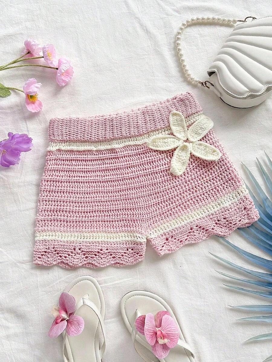 Soleia Pantalones cortos casuales de mujer beige con flores 3D tejidas, adecuados para vacaciones y días festivos de verano